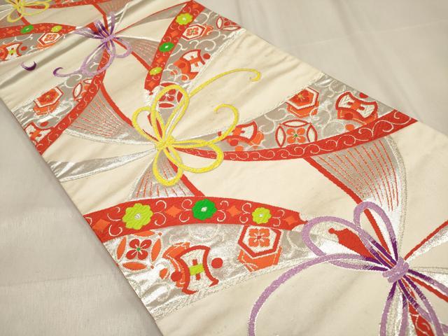 平和屋着物[]女の子　子供　全通柄袋帯　唐織　束ね紐　宝尽くし花文　銀糸　逸品　DABJ3265ea