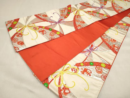 平和屋着物[]女の子　子供　全通柄袋帯　唐織　束ね紐　宝尽くし花文　銀糸　逸品　DABJ3265ea