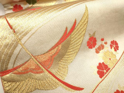 平和屋着物[]女の子　子供　全通柄袋帯　唐織　飛鶴舞桜文　金糸　逸品　DABJ3268ea