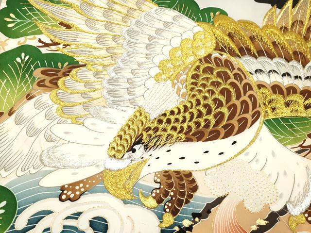 平和屋着物[]お宮参り　男の子　祝着　産着　初着　のしめ　鷹　鷲　富士山　立波器物松文　金彩　逸品　DABJ3281ea
