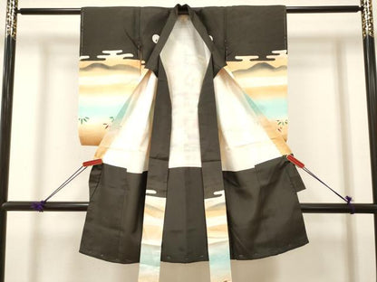 平和屋着物[]お宮参り　男の子　祝着　産着　初着　のしめ　駒刺繍　手描き　武士　風景笹松文　逸品　DABJ3289ea