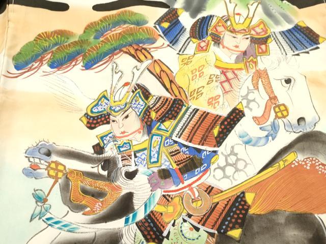 平和屋着物[]お宮参り　男の子　祝着　産着　初着　のしめ　駒刺繍　手描き　武士　風景笹松文　逸品　DABJ3289ea