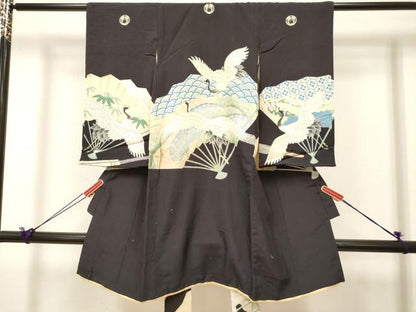 平和屋着物[]お宮参り　男の子　祝着　産着　初着　のしめ　手描き　扇面飛鶴文　逸品　DABJ3292ea