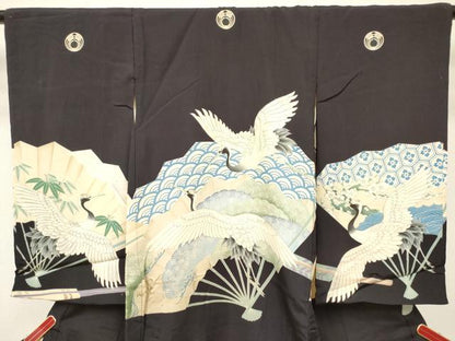 平和屋着物[]お宮参り　男の子　祝着　産着　初着　のしめ　手描き　扇面飛鶴文　逸品　DABJ3292ea
