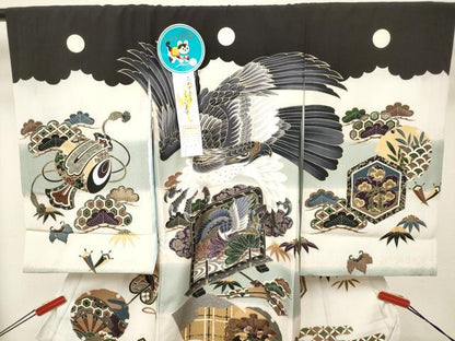 平和屋着物[]お宮参り　男の子　祝着　産着　初着　のしめ　鷹　鷲　器物松文　金彩　逸品　DABJ3297ea