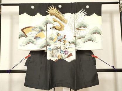 平和屋着物[]お宮参り　男の子　祝着　産着　初着　のしめ　鷹　鷲　人物風景文　金彩　逸品　DABJ3299ea