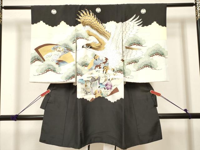 平和屋着物[]お宮参り　男の子　祝着　産着　初着　のしめ　鷹　鷲　人物風景文　金彩　逸品　DABJ3299ea