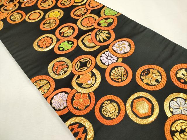 平和屋着物[]女の子　子供　全通柄袋帯　唐織　家紋尽くし　黒地　金糸　DABJ3326ea