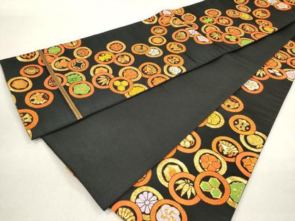 平和屋着物[]女の子　子供　全通柄袋帯　唐織　家紋尽くし　黒地　金糸　DABJ3326ea