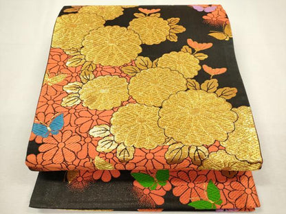平和屋着物[]女の子　子供　全通柄袋帯　舞蝶菊文　黒地　金糸　逸品　DABJ3327ea
