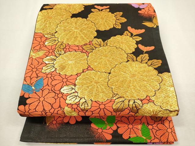 平和屋着物[]女の子　子供　全通柄袋帯　舞蝶菊文　黒地　金糸　逸品　DABJ3327ea