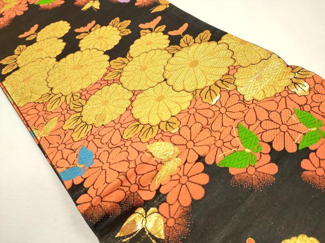 平和屋着物[]女の子　子供　全通柄袋帯　舞蝶菊文　黒地　金糸　逸品　DABJ3327ea