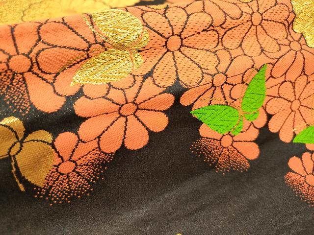 平和屋着物[]女の子　子供　全通柄袋帯　舞蝶菊文　黒地　金糸　逸品　DABJ3327ea