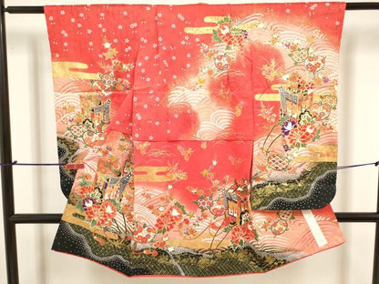 平和屋着物[]七五三　女の子　３歳　祝着　三つ身　御所車花文　橘　金彩　逸品　DABJ3368ea