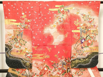 平和屋着物[]七五三　女の子　３歳　祝着　三つ身　御所車花文　橘　金彩　逸品　DABJ3368ea