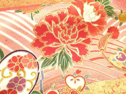 平和屋着物[]七五三　女の子　３歳　祝着　三つ身　御所車花文　橘　金彩　逸品　DABJ3368ea