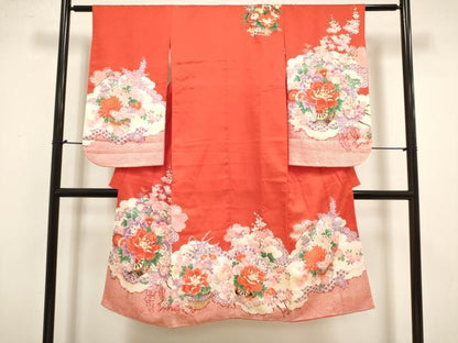 平和屋着物[]七五三　女の子　７歳　祝着　四つ身　鹿の子飾花文　花車　DABJ3369ea