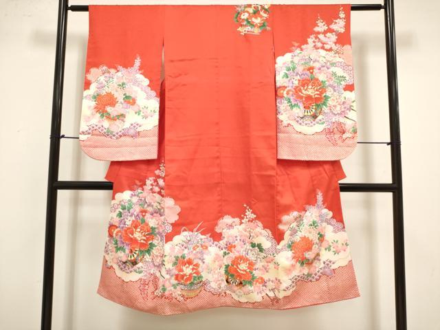 平和屋着物[]七五三　女の子　７歳　祝着　四つ身　鹿の子飾花文　花車　DABJ3369ea