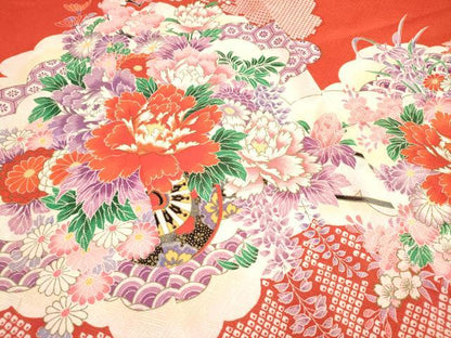 平和屋着物[]七五三　女の子　７歳　祝着　四つ身　鹿の子飾花文　花車　DABJ3369ea