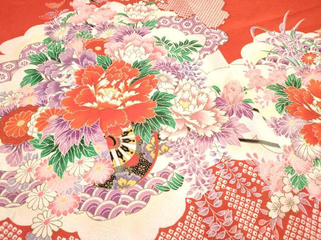 平和屋着物[]七五三　女の子　７歳　祝着　四つ身　鹿の子飾花文　花車　DABJ3369ea