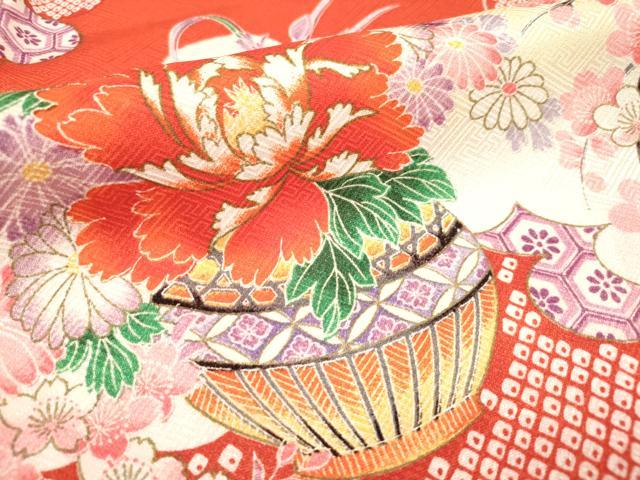 平和屋着物[]七五三　女の子　７歳　祝着　四つ身　鹿の子飾花文　花車　DABJ3369ea