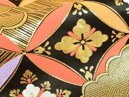 平和屋着物[]女の子　子供　全通柄袋帯　雲重ね七宝花文　黒地　金糸　DABJ3406ea