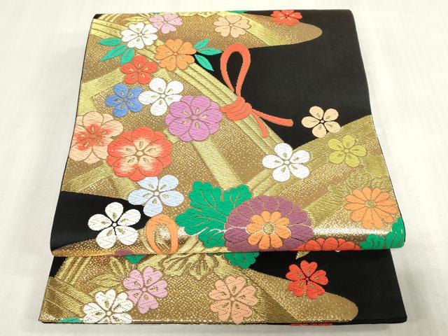 平和屋着物[]女の子　子供　全通柄袋帯　唐織　緞子別織　籬花文　黒地　金糸　逸品　DABJ3408ea