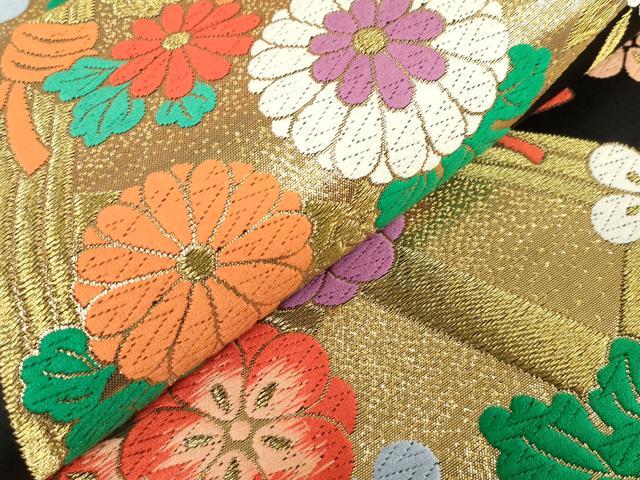 平和屋着物[]女の子　子供　全通柄袋帯　唐織　緞子別織　籬花文　黒地　金糸　逸品　DABJ3408ea