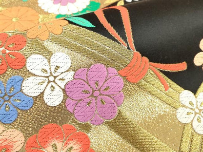 平和屋着物[]女の子　子供　全通柄袋帯　唐織　緞子別織　籬花文　黒地　金糸　逸品　DABJ3408ea