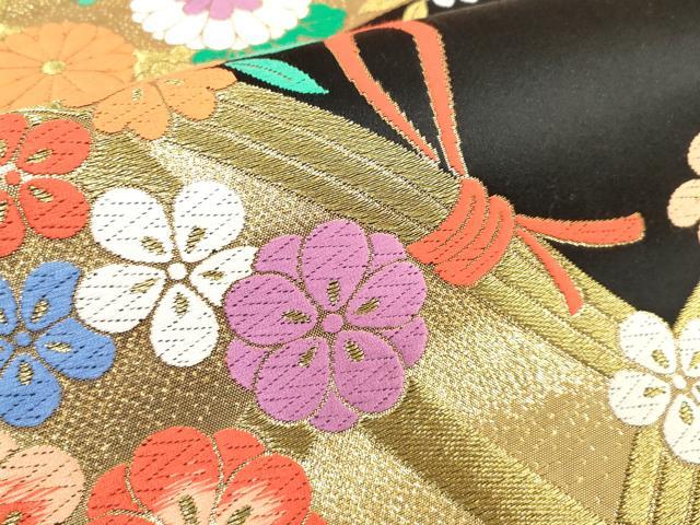 平和屋着物[]女の子　子供　全通柄袋帯　唐織　緞子別織　籬花文　黒地　金糸　逸品　DABJ3408ea
