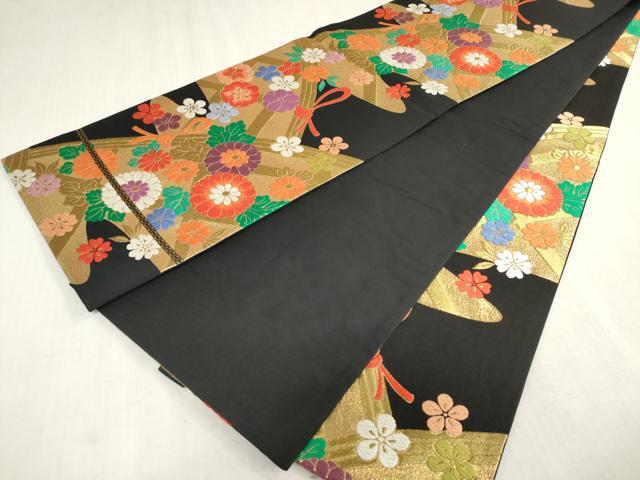 平和屋着物[]女の子　子供　全通柄袋帯　唐織　緞子別織　籬花文　黒地　金糸　逸品　DABJ3408ea