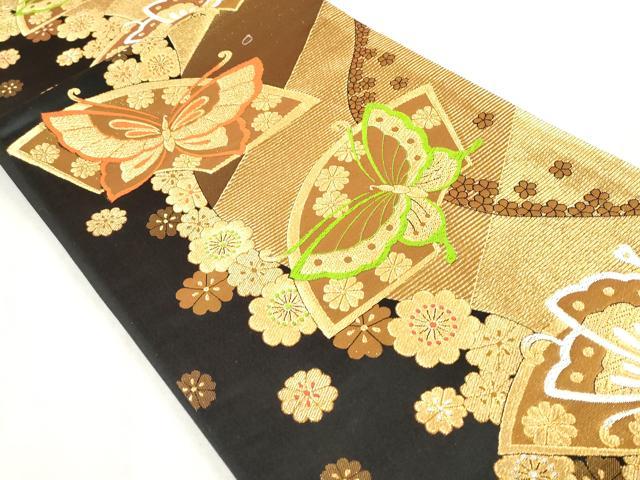 平和屋着物[]女の子　子供　全通柄袋帯　唐織　地紙舞蝶花文　黒地　金糸　逸品　DABJ3410ea