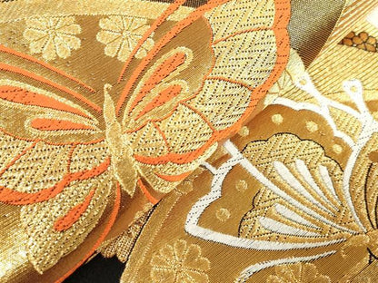 平和屋着物[]女の子　子供　全通柄袋帯　唐織　地紙舞蝶花文　黒地　金糸　逸品　DABJ3410ea