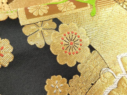 平和屋着物[]女の子　子供　全通柄袋帯　唐織　地紙舞蝶花文　黒地　金糸　逸品　DABJ3410ea