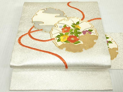 平和屋着物◎九寸名古屋帯　駒刺繍　雪輪紐花文　金彩　正絹　逸品　DABJ3452ea