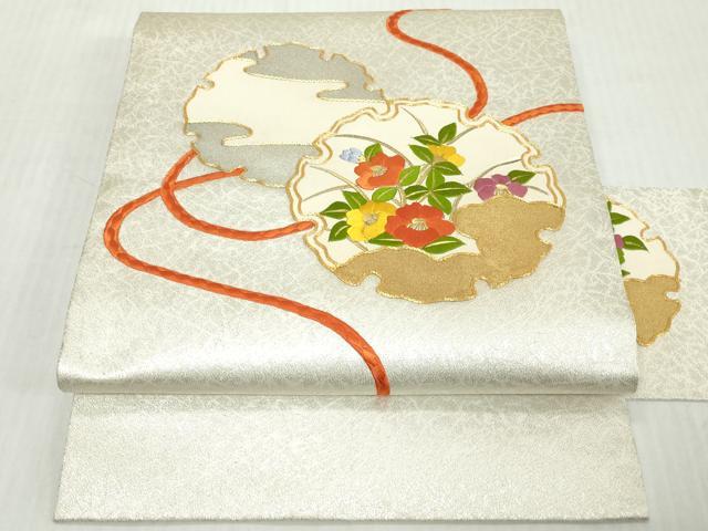 平和屋着物◎九寸名古屋帯　駒刺繍　雪輪紐花文　金彩　正絹　逸品　DABJ3452ea