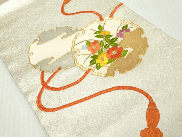 平和屋着物◎九寸名古屋帯　駒刺繍　雪輪紐花文　金彩　正絹　逸品　DABJ3452ea