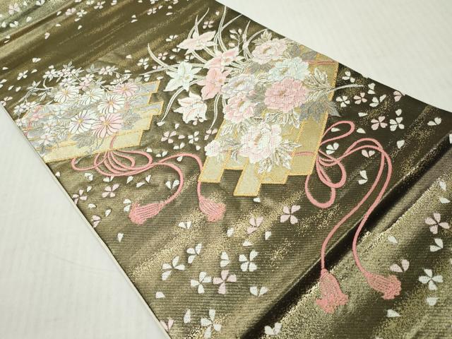 平和屋着物◎六通柄袋帯　唐織　花筏文　金糸　正絹　逸品　DABJ3455ea