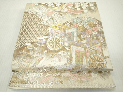平和屋着物◎西陣　服部織物謹製　六通柄袋帯　唐織　鳳凰　群れ鶴御所車花文　金銀糸　正絹　逸品　DABJ3456ea