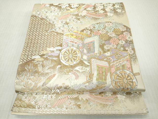 平和屋着物◎西陣　服部織物謹製　六通柄袋帯　唐織　鳳凰　群れ鶴御所車花文　金銀糸　正絹　逸品　DABJ3456ea