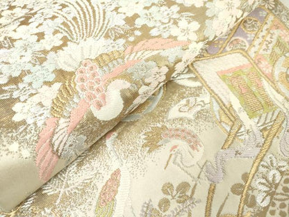平和屋着物◎西陣　服部織物謹製　六通柄袋帯　唐織　鳳凰　群れ鶴御所車花文　金銀糸　正絹　逸品　DABJ3456ea