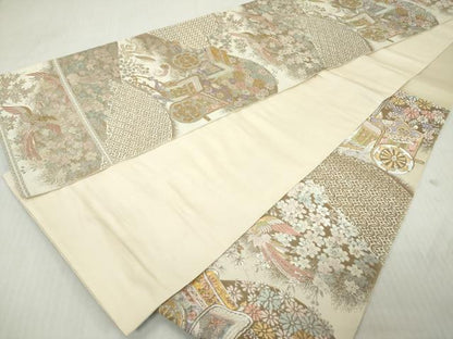 平和屋着物◎西陣　服部織物謹製　六通柄袋帯　唐織　鳳凰　群れ鶴御所車花文　金銀糸　正絹　逸品　DABJ3456ea