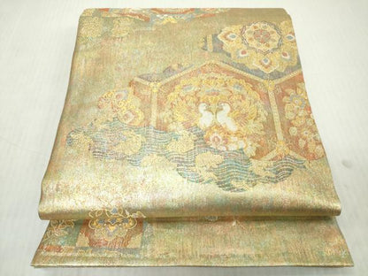 平和屋着物◎六通柄袋帯　雲取り双鳥花文　金糸　正絹　逸品　DABJ3457ea