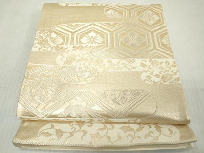 平和屋着物◎西陣　六通柄袋帯　霞取り亀甲花鳥文　金糸　正絹　逸品　DABJ3458ea