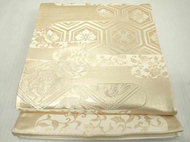 平和屋着物◎西陣　六通柄袋帯　霞取り亀甲花鳥文　金糸　正絹　逸品　DABJ3458ea