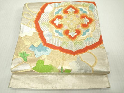平和屋着物◎六通柄袋帯　唐織　扇面花絵皿文　金銀糸　正絹　逸品　DABJ3465ea