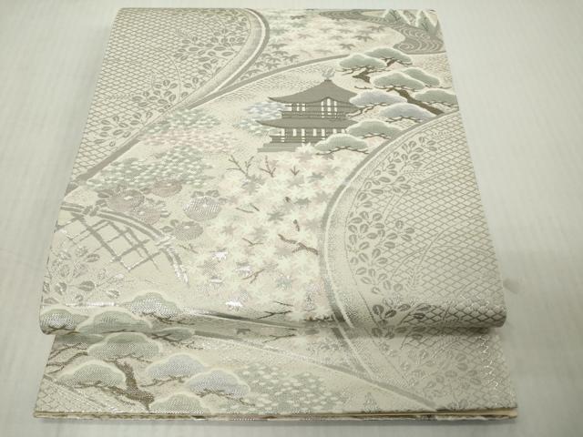 平和屋着物◎六通柄袋帯　風景花松文　純プラチナ二丁箔　正絹　逸品　DABJ3483ea