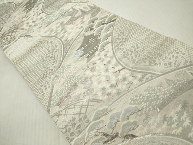 平和屋着物◎六通柄袋帯　風景花松文　純プラチナ二丁箔　正絹　逸品　DABJ3483ea