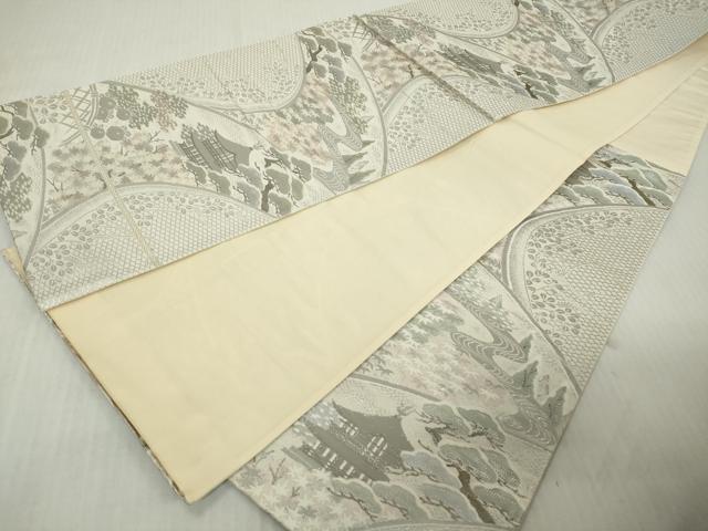 平和屋着物◎六通柄袋帯　風景花松文　純プラチナ二丁箔　正絹　逸品　DABJ3483ea