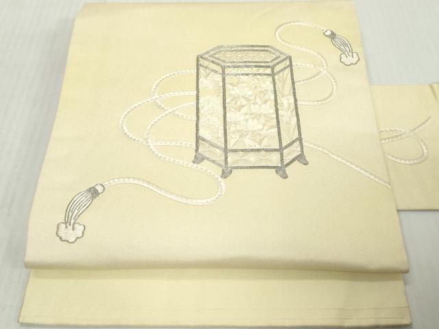 平和屋着物◎九寸名古屋帯　駒刺繍　総刺繍　貝桶文　銀糸　正絹　逸品　DABJ3485ea